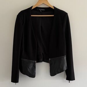 Elegant Black Open-Front Blazer with Leather Details